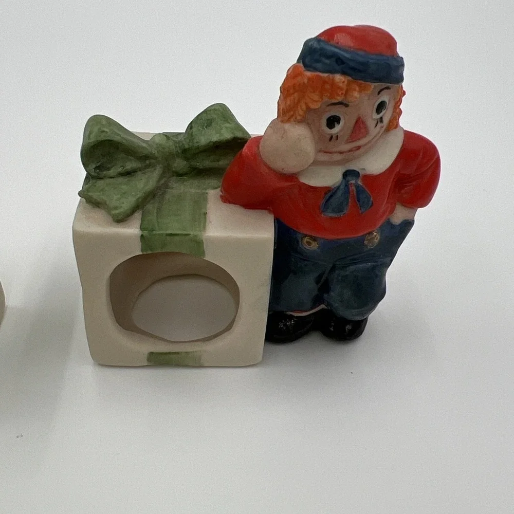 Raggedy Ann and Andy Ceramic Napkin‎ Rings Vintage Christmas Holiday Set of 2